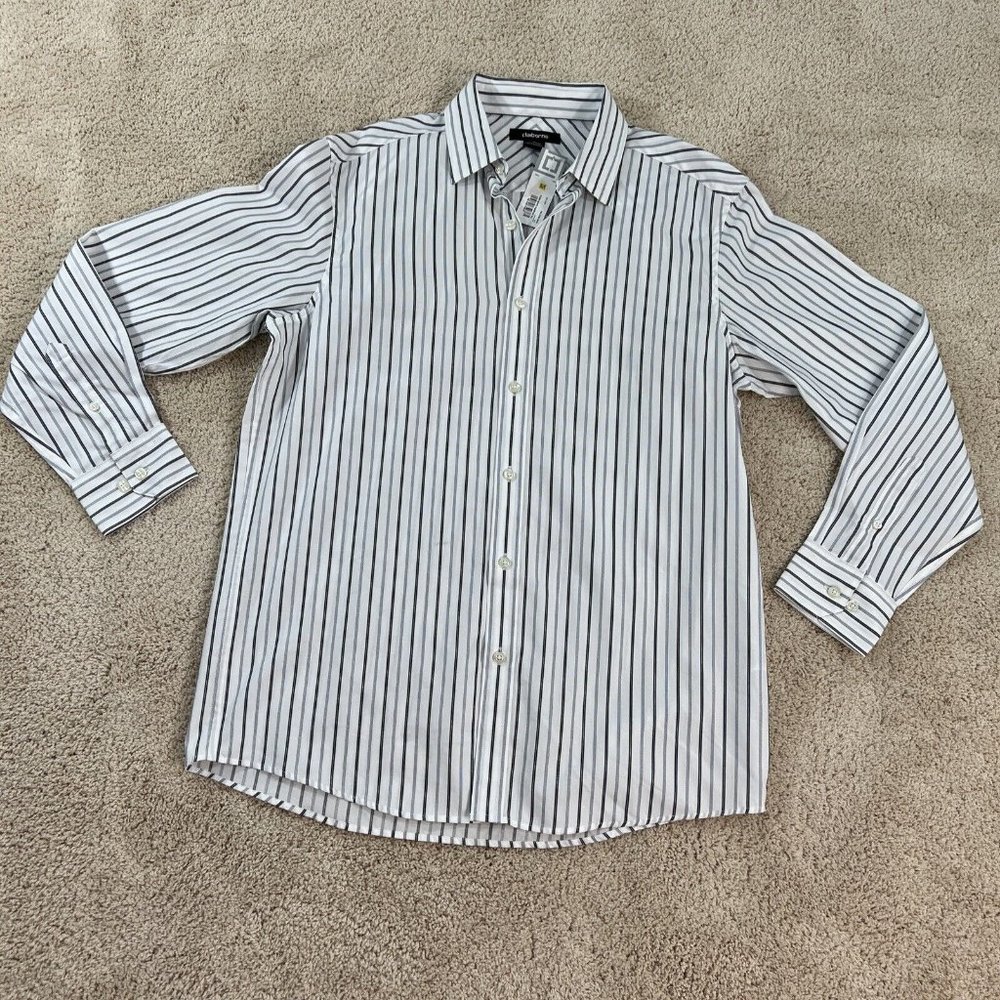 Womans Claiborne Button Front Shirt M White Black Striped MWT